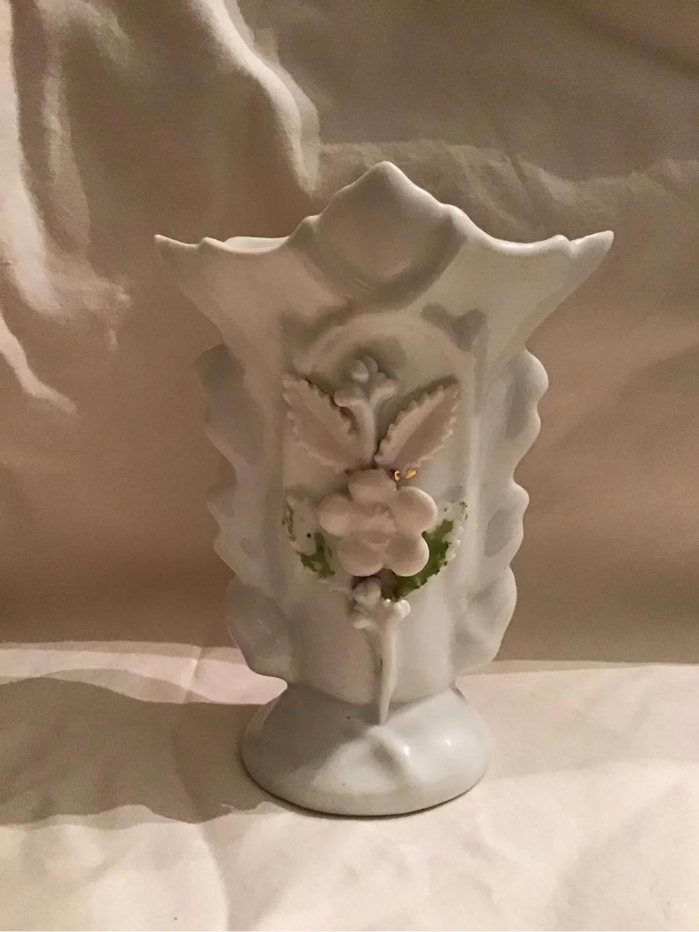 White Floral Porcelain Vase with Applied Flower Accent - Brand Unknown